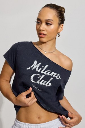 Blue Women Garage Off Shoulder T Shirts | A-8027143