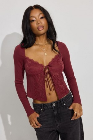 Dark Red Women Garage Flyaway Lace Rib Long Sleeve | A-1524396