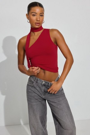 Red Women Garage One Shoulder Neck Tie Tank Top | A-4569820