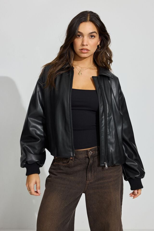 Black Women Garage Faux Leather Down Jackets | A-1395876