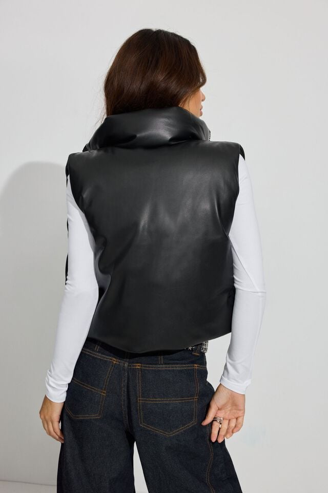 Black Women Garage Faux Leather Mini Puffer Vest | A-0975132