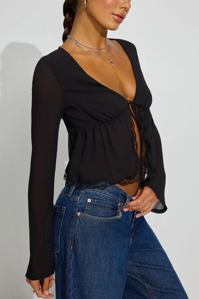 Black Women Garage Georgette Lace Trim Flyaway Long Sleeve | A-2703864