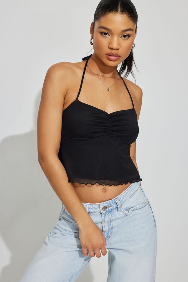 Black Women Garage Mesh Apron Back Halter Tank Top | A-4891056