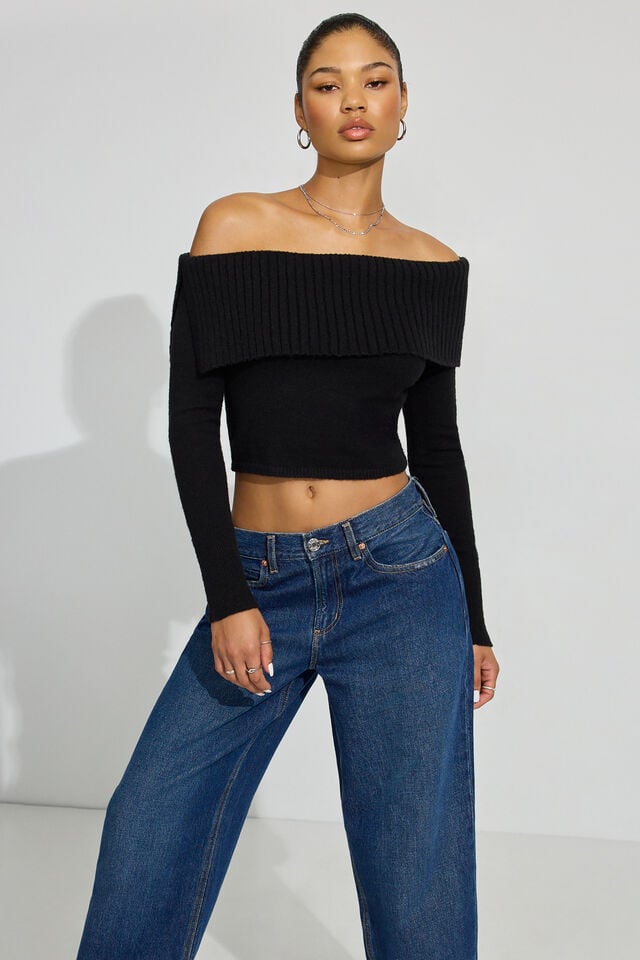 Black Women Garage Spongy Off Shoulder Sweater | A-4651832