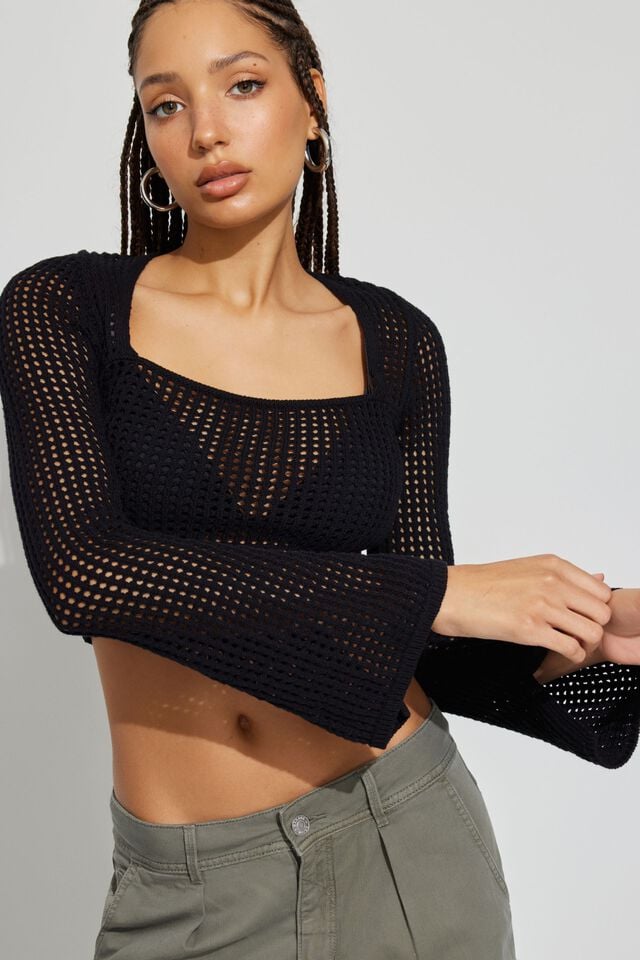 Black Women Garage Square Neck Open Knit Sweater | A-6523901