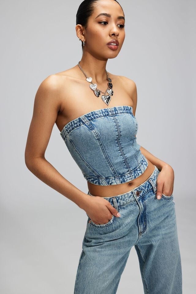 Blue Women Garage Denim Seamed Tube Tank Top | A-4206973