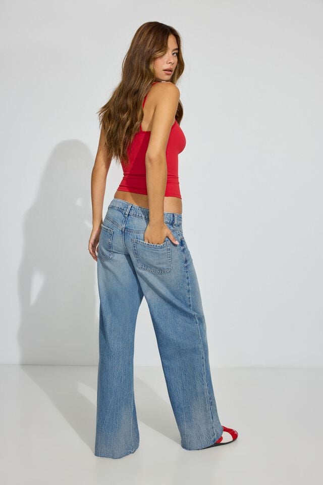 Blue Women Garage Low Rise Wide Leg Jeans | A-6518407