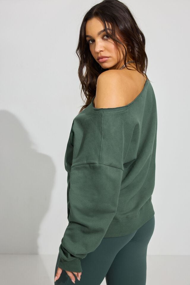 Dark Green Women Garage Softterry Off Shoulder Sweatshirts | A-4716352