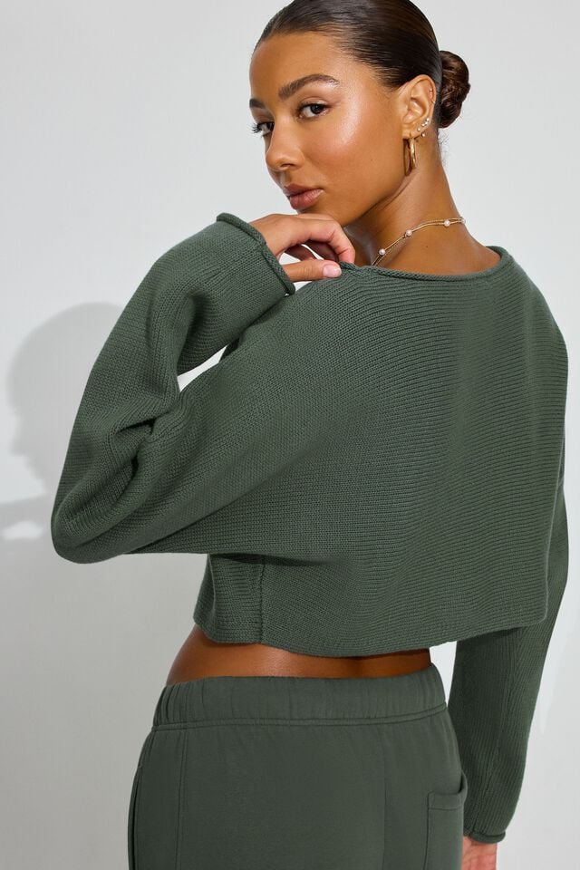 Dark Green Women Garage Supersoft Loose Crop Sweater | A-5143892