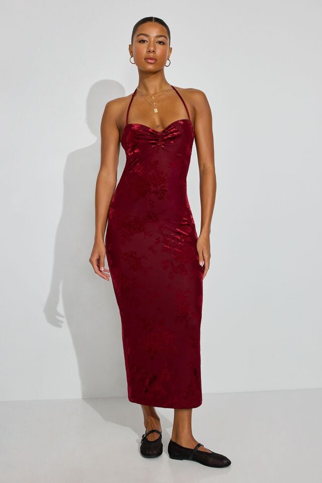 Dark Red Women Garage Burnout Sweetheart Maxi Dress | A-6275340