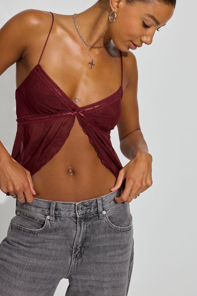 Dark Red Women Garage Mesh Flyaway Cami Tank Top | A-1690357