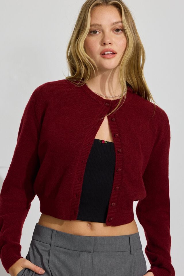 Dark Red Women Garage Spongy Button Up Cardigan | A-7056249