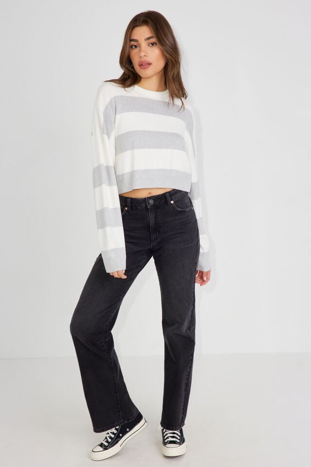 Grey / White Women Garage Boxy Stripe Er Sweater | A-8642375