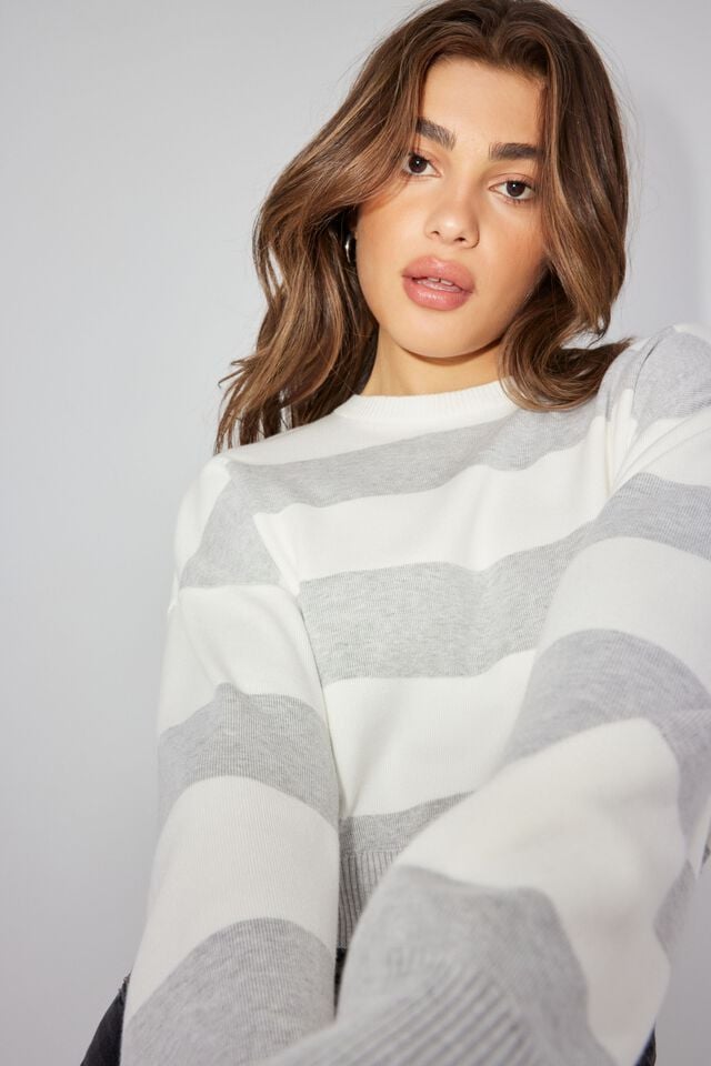 Grey / White Women Garage Boxy Stripe Er Sweater | A-8642375