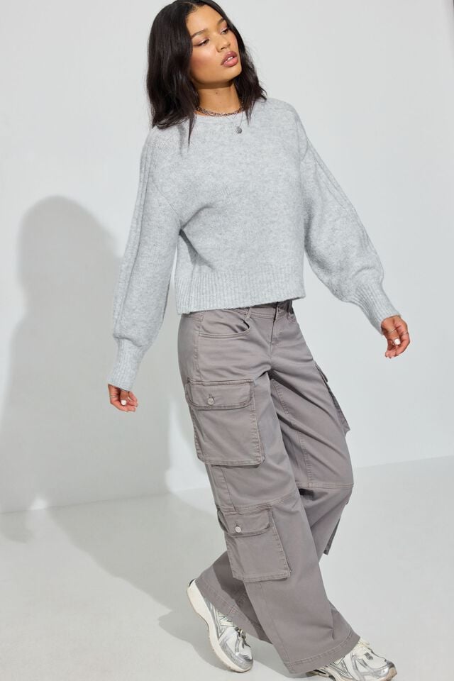 Light Grey Women Garage Spongy Loose Crewneck Sweater | A-0231754