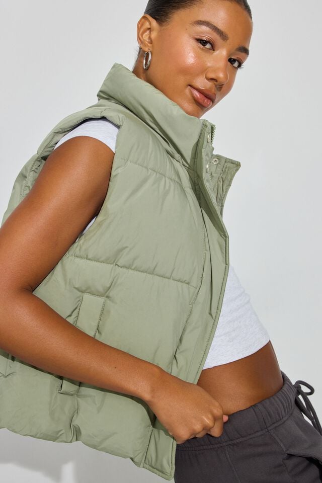 Olive Green Women Garage Perfect Puffer Vest | A-6538902