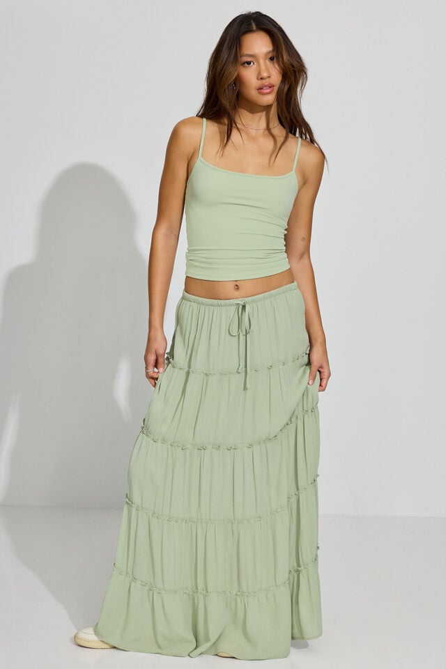 Olive Green Women Garage Tiered Maxi Skirts | A-6124087