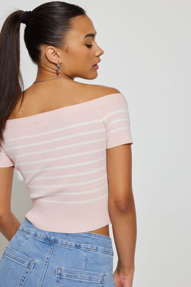 Pink / White Women Garage Short Sleeve Off Shoulder Sweater | A-3701468