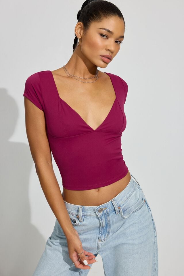 Purple Red Women Garage Plunge Seamed T Shirts | A-9245078