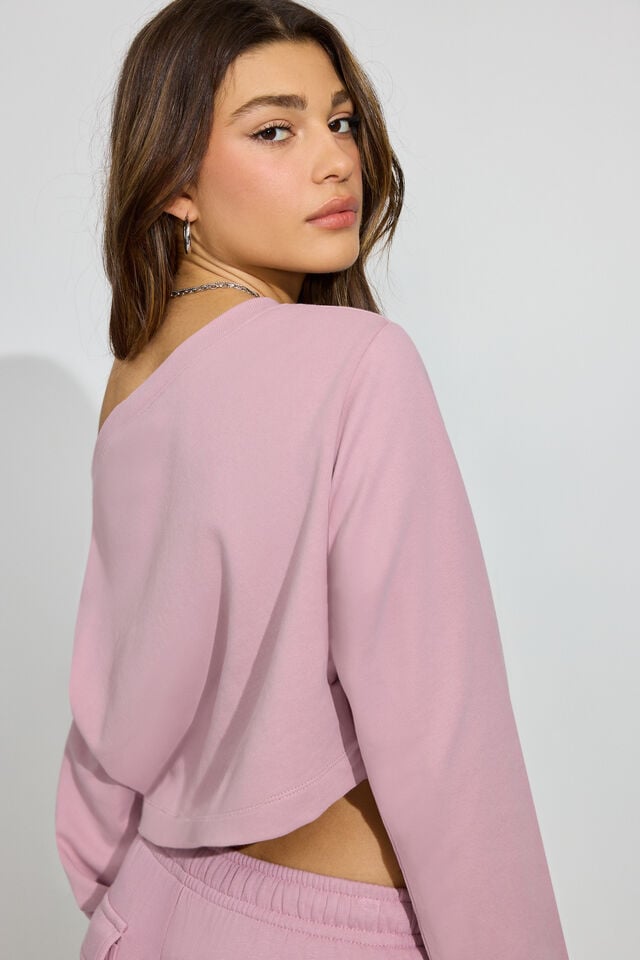 Purple Women Garage Soft Terry Boxy Off Shoulder Sweatshirts | A-2306584