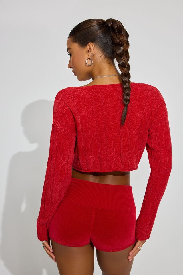 Red Women Garage Cropped Cable Sweater | A-5628394