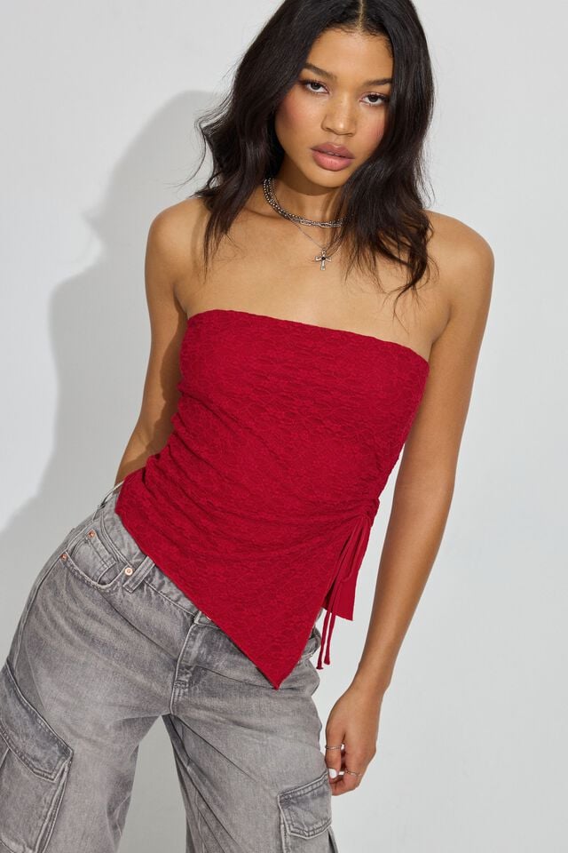 Red Women Garage Lace Asymmetric Tube Tank Top | A-9378025