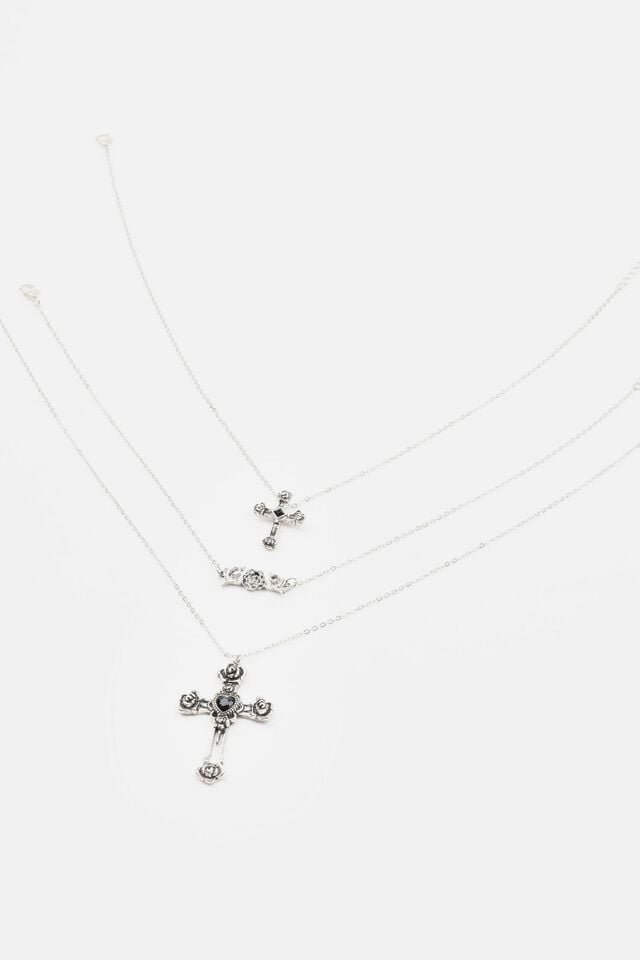 Silver Women Garage Set Of 3 Flower, Cross, & Roses Necklaces | A-8745126