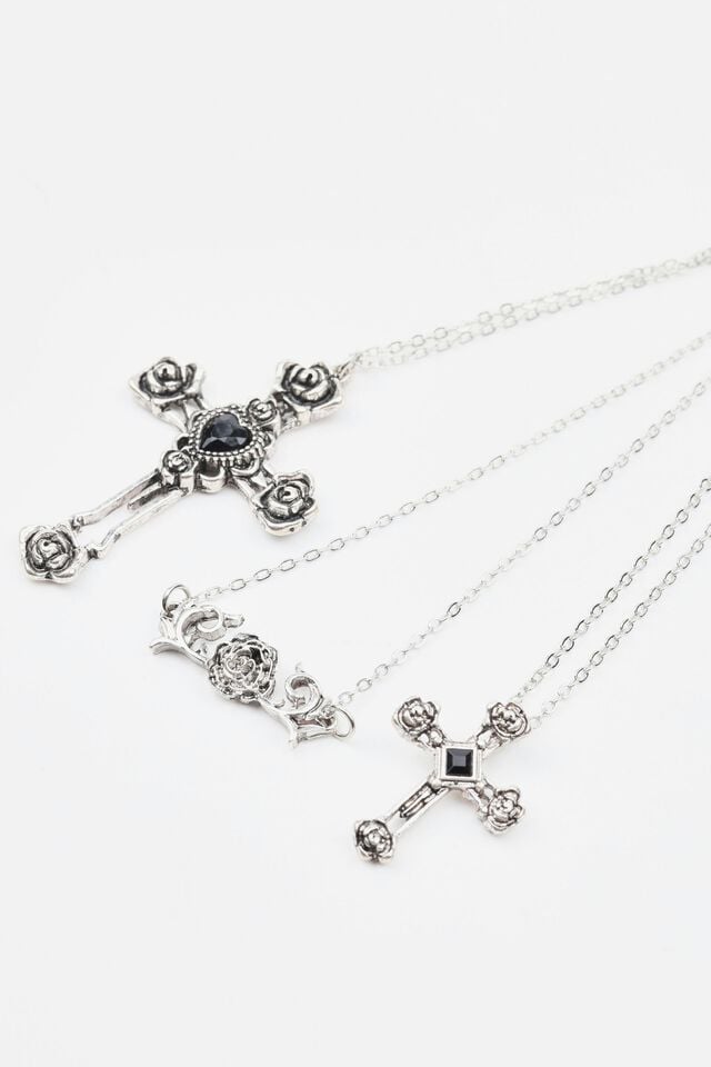 Silver Women Garage Set Of 3 Flower, Cross, & Roses Necklaces | A-8745126