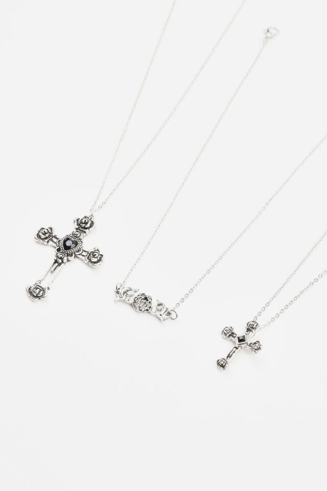 Silver Women Garage Set Of 3 Flower, Cross, & Roses Necklaces | A-8745126