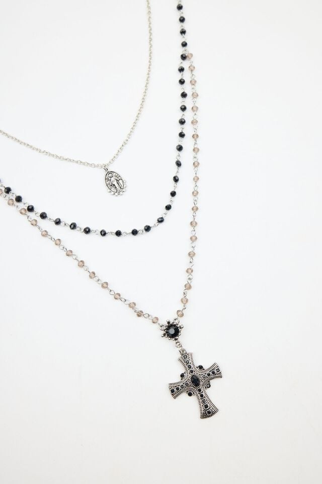 Silver / Black Women Garage Set Of 2 Mary & Rosary Necklaces | A-4790865