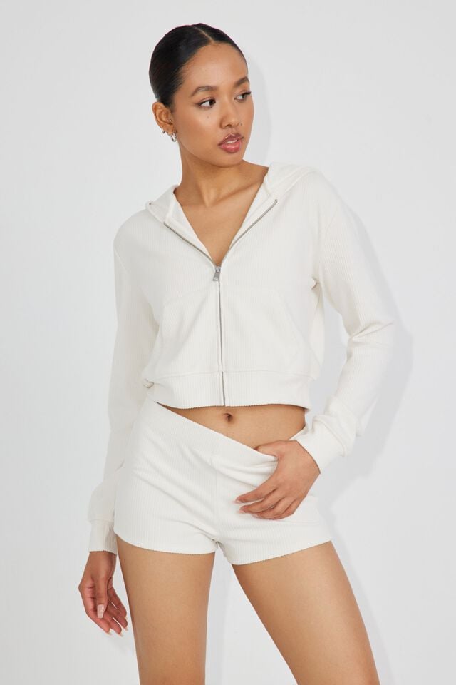 White Women Garage Fitted Sleep Rib Shorts | A-0386195