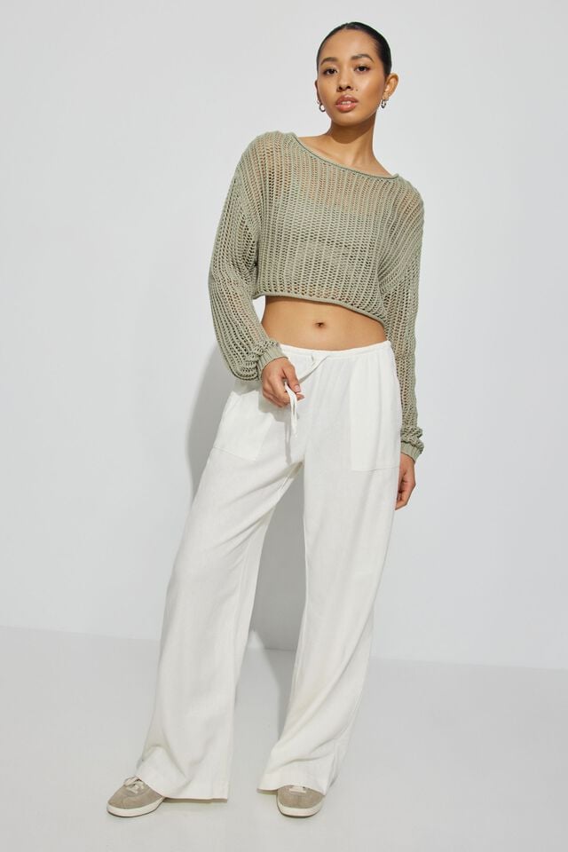 White Women Garage Millie Linen Pull-on Pants | A-6043289