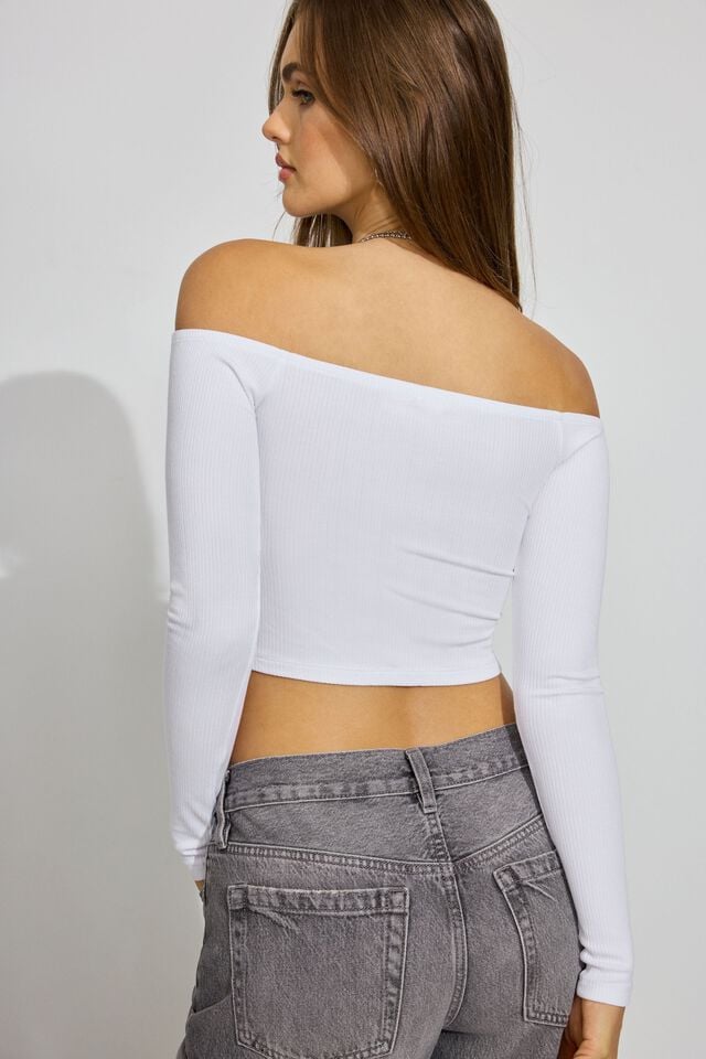 White Women Garage Off Shoulder Snap Front Long Sleeve | A-2637154