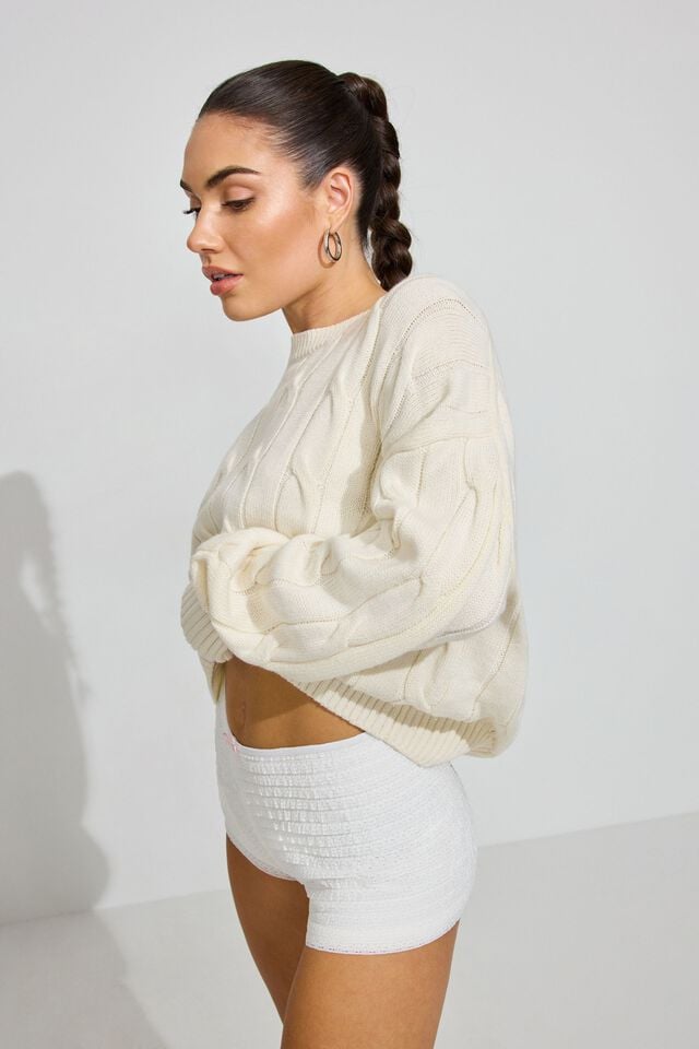 White Women Garage Oversized Cable Sweater | A-2813097