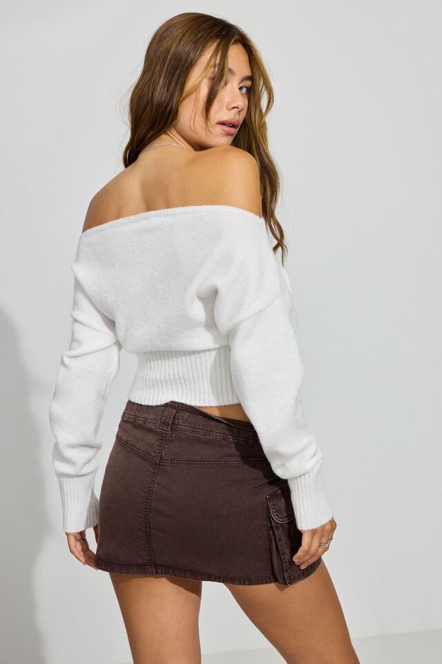 White Women Garage Spongy Off Shoulder Sweater | A-6825904