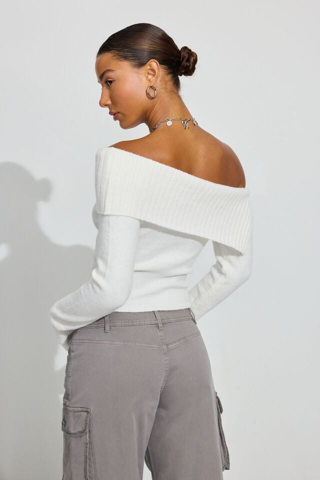 White Women Garage Spongy Off Shoulder Sweater | A-8714259