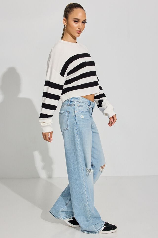 White / Black Women Garage Boxy Stripe Er Sweater | A-9301586