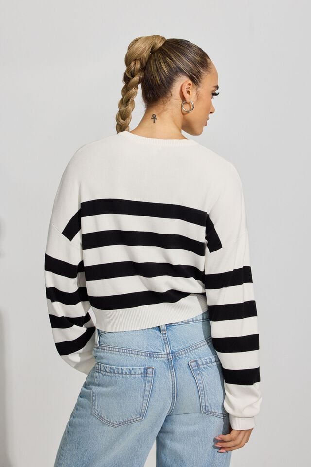 White / Black Women Garage Boxy Stripe Sweater | A-6024713