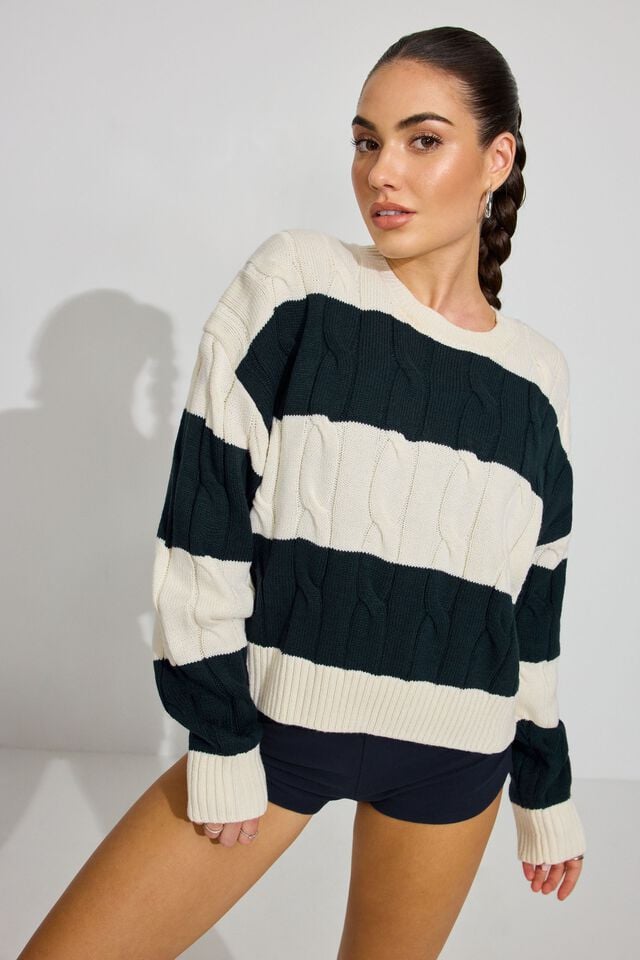 White / Blue Women Garage Oversized Cable Sweater | A-3059847