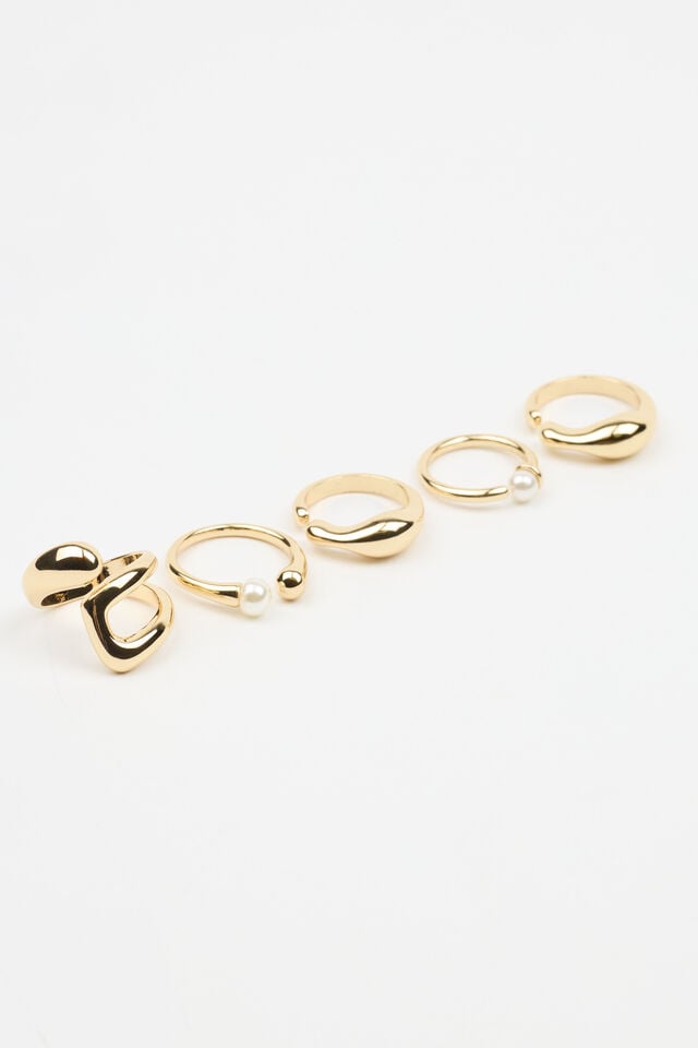 White / Gold Women Garage Set Of 5 Pearl & Organic Rings | A-9435108